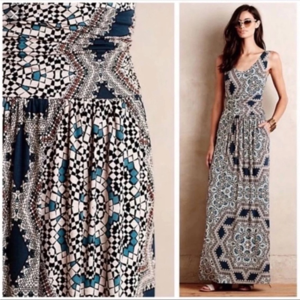 Maeve Blue and White Geometric Maxi Dress
